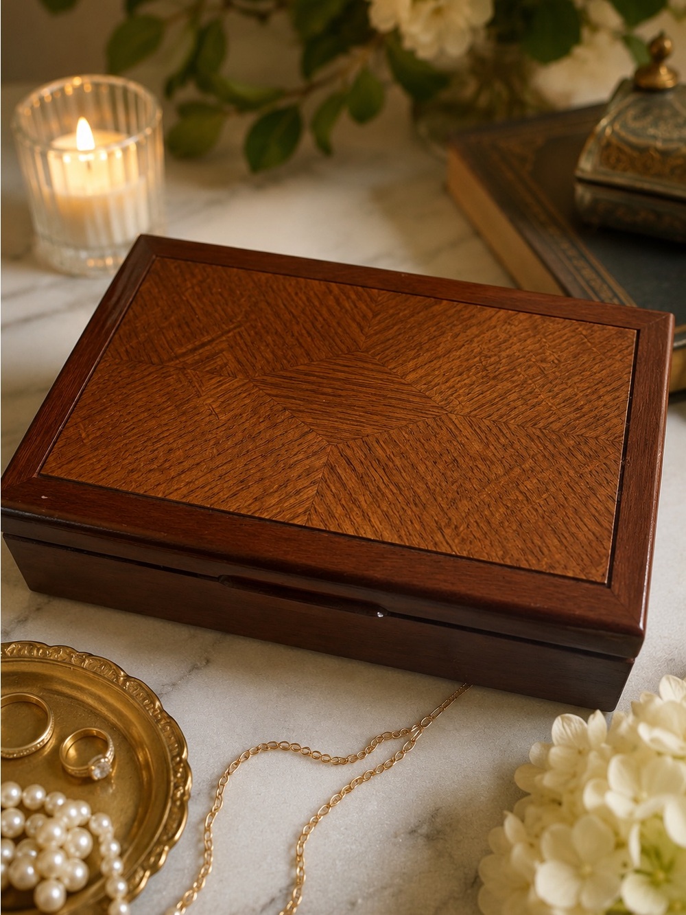Vintage Wood Jewelry Box Keepsake Trinket Box Valet Organizer Rustic Luxe Decor